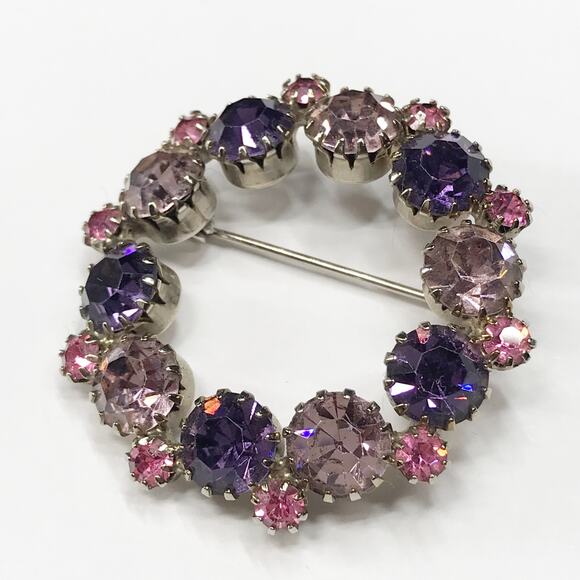 VTG Rhodium Plated Pastel Pink Purple Amethyst Brooch Rhinestones Silver Tone - Picture 9 of 12